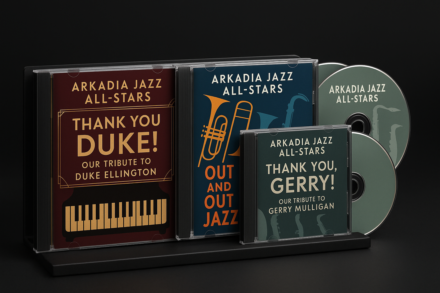 Include these album covers: ARKADIA JAZZ ALL-STARS: Thank You, Duke! – Our Tribute to Duke Ellington; ARKADIA JAZZ ALL-STARS: Out and Out Jazz; ARKADIA JAZZ ALL-STARS: Thank You, Gerry! – Our Tribute to Gerry Mulligan