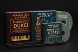 Include these album covers: ARKADIA JAZZ ALL-STARS: Thank You, Duke! – Our Tribute to Duke Ellington; ARKADIA JAZZ ALL-STARS: Out and Out Jazz; ARKADIA JAZZ ALL-STARS: Thank You, Gerry! – Our Tribute to Gerry Mulligan